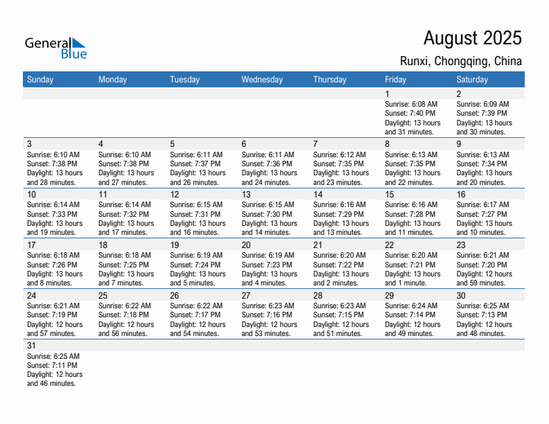 Runxi August 2025 sunrise and sunset calendar in PDF, Excel, and Word