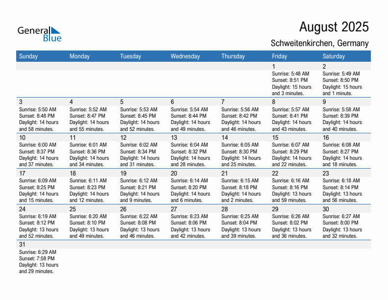 Schweitenkirchen August 2025 sunrise and sunset calendar in PDF, Excel, and Word