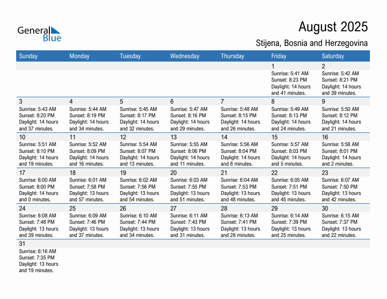 Stijena August 2025 sunrise and sunset calendar in PDF, Excel, and Word