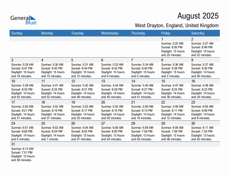 West Drayton August 2025 sunrise and sunset calendar in PDF, Excel, and Word
