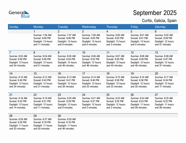 Curtis September 2025 sunrise and sunset calendar in PDF, Excel, and Word