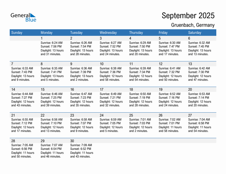 Gruenbach September 2025 sunrise and sunset calendar in PDF, Excel, and Word