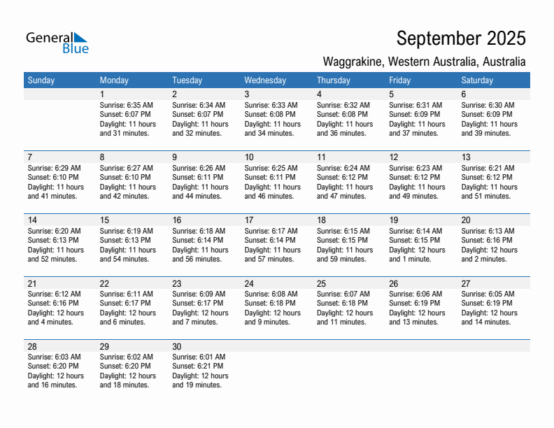 Waggrakine September 2025 sunrise and sunset calendar in PDF, Excel, and Word