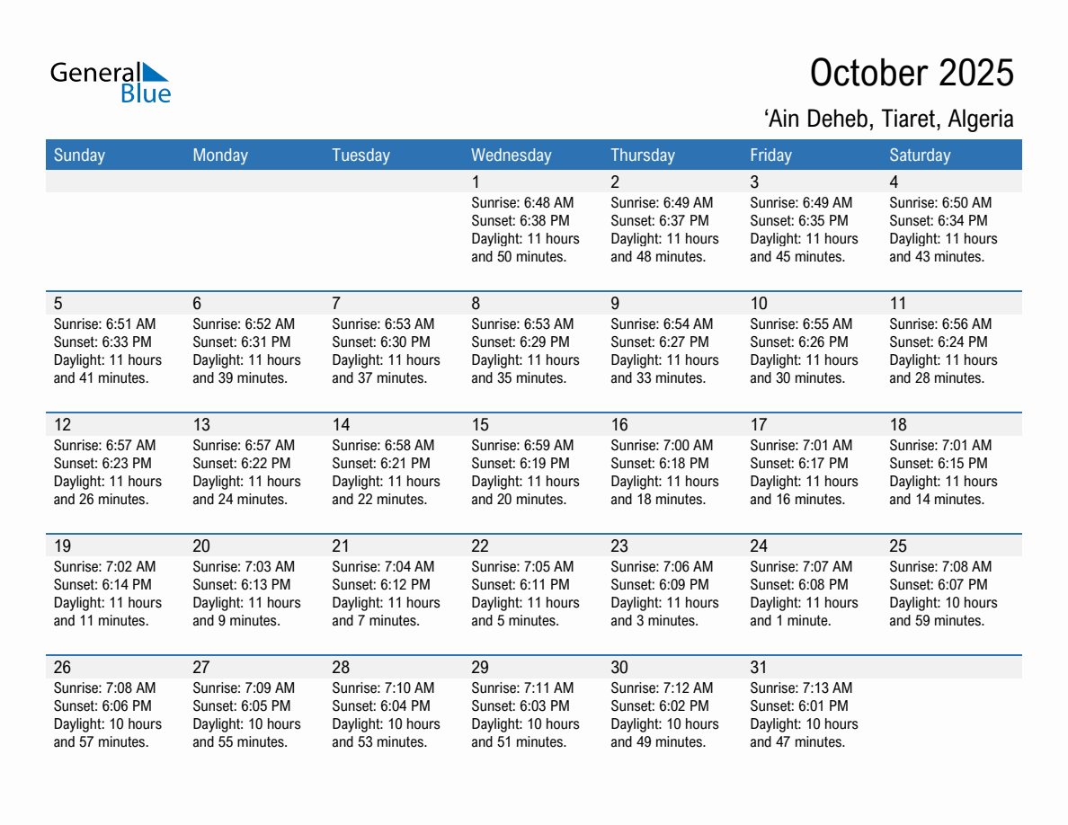 October 2025 sunrise and sunset calendar for 'Ain Deheb