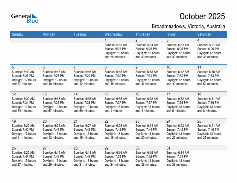Broadmeadows October 2025 sunrise and sunset calendar in PDF, Excel, and Word