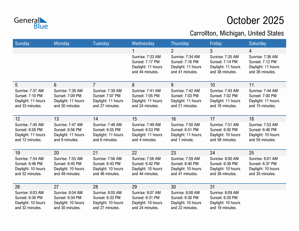 October 2025 sunrise and sunset calendar for Carrollton