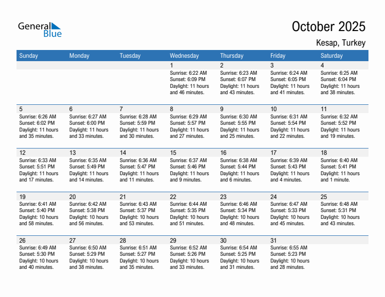 Kesap October 2025 sunrise and sunset calendar in PDF, Excel, and Word