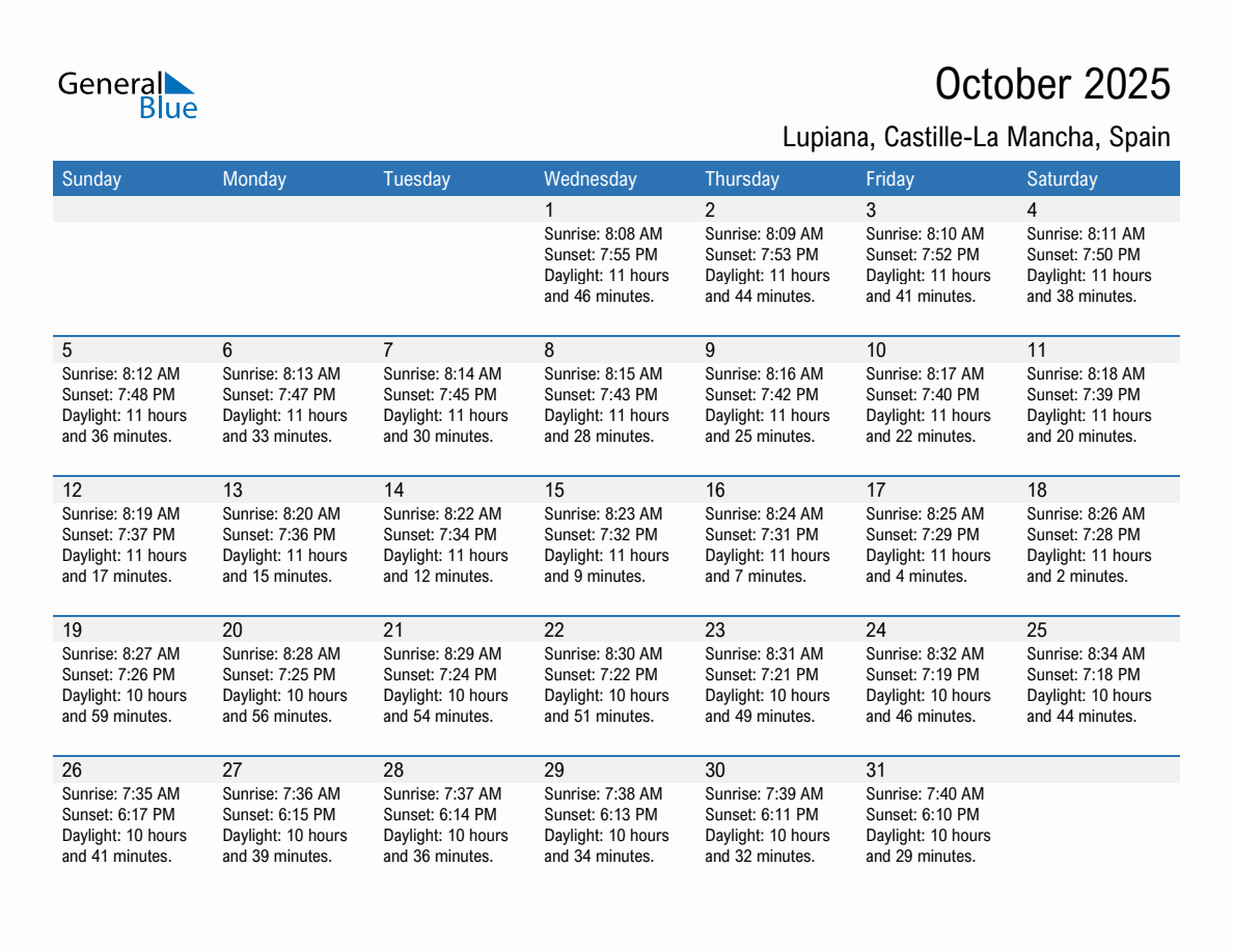 October 2025 sunrise and sunset calendar for Lupiana