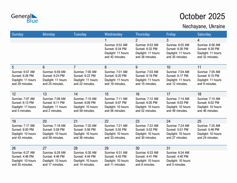 Nechayane October 2025 sunrise and sunset calendar in PDF, Excel, and Word