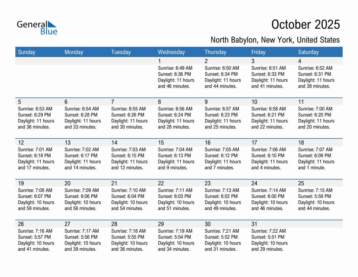October 2025 sunrise and sunset calendar for North Babylon