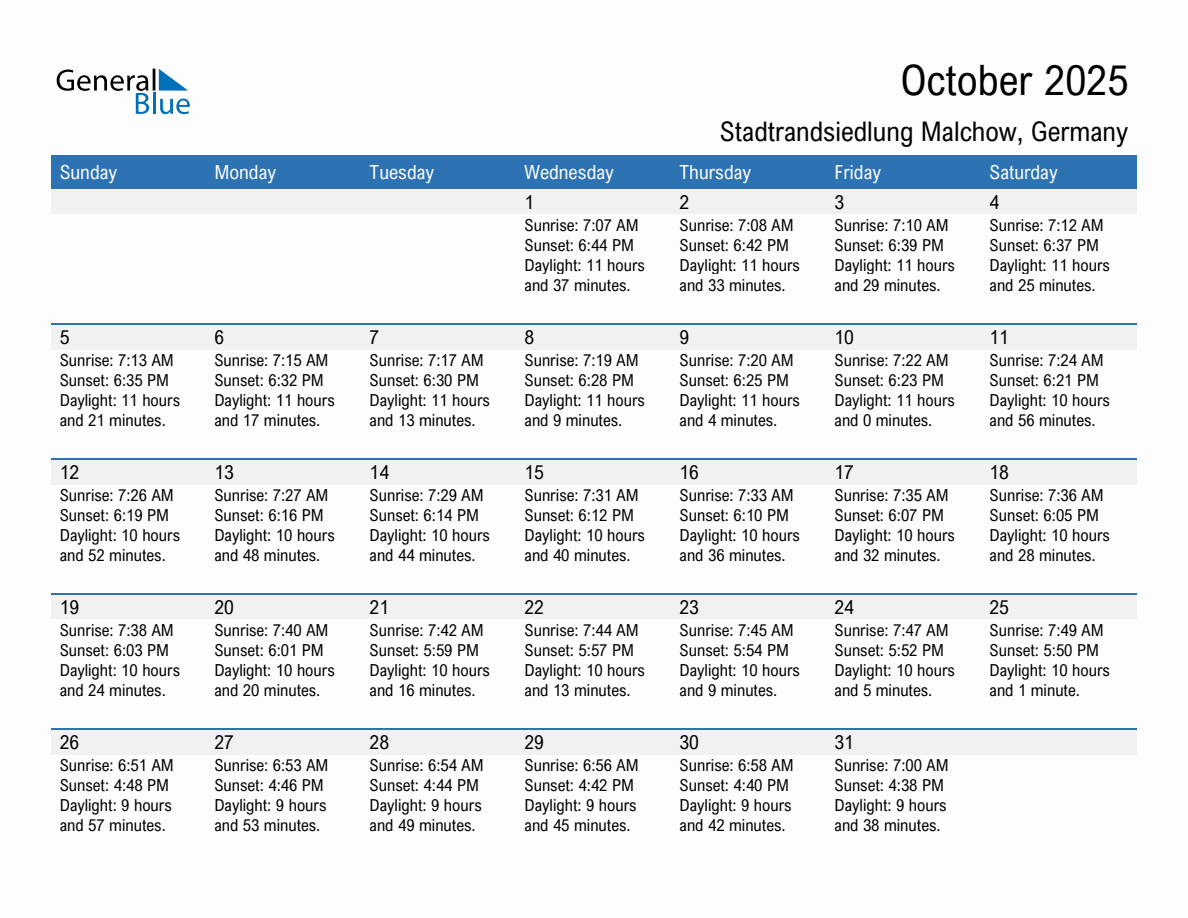 October 2025 sunrise and sunset calendar for Stadtrandsiedlung Malchow