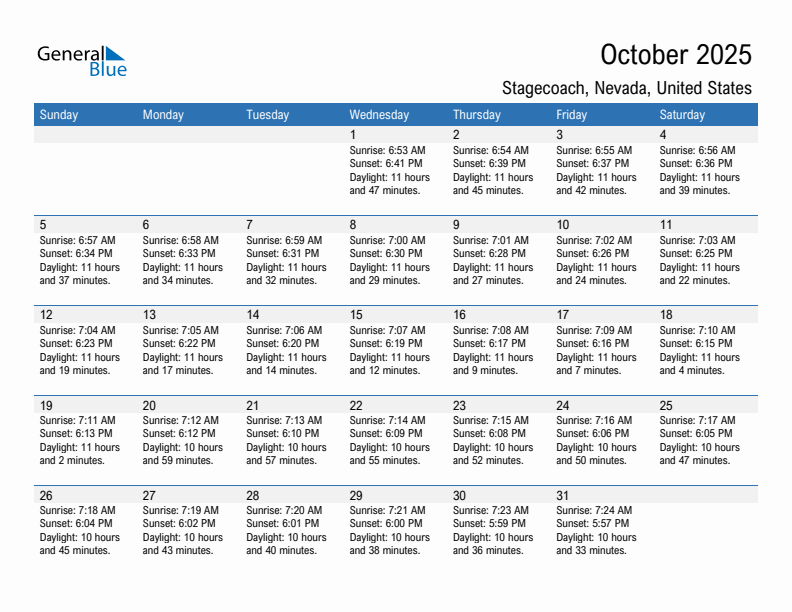 Stagecoach October 2025 sunrise and sunset calendar in PDF, Excel, and Word