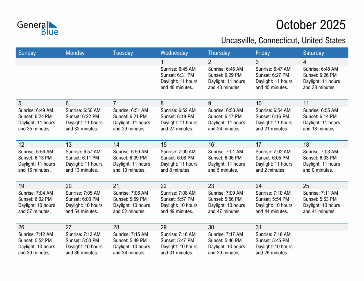 October 2025 sunrise and sunset calendar for Uncasville
