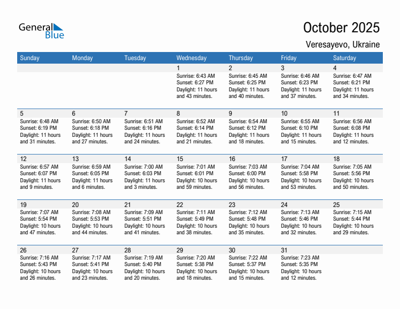 Veresayevo October 2025 sunrise and sunset calendar in PDF, Excel, and Word
