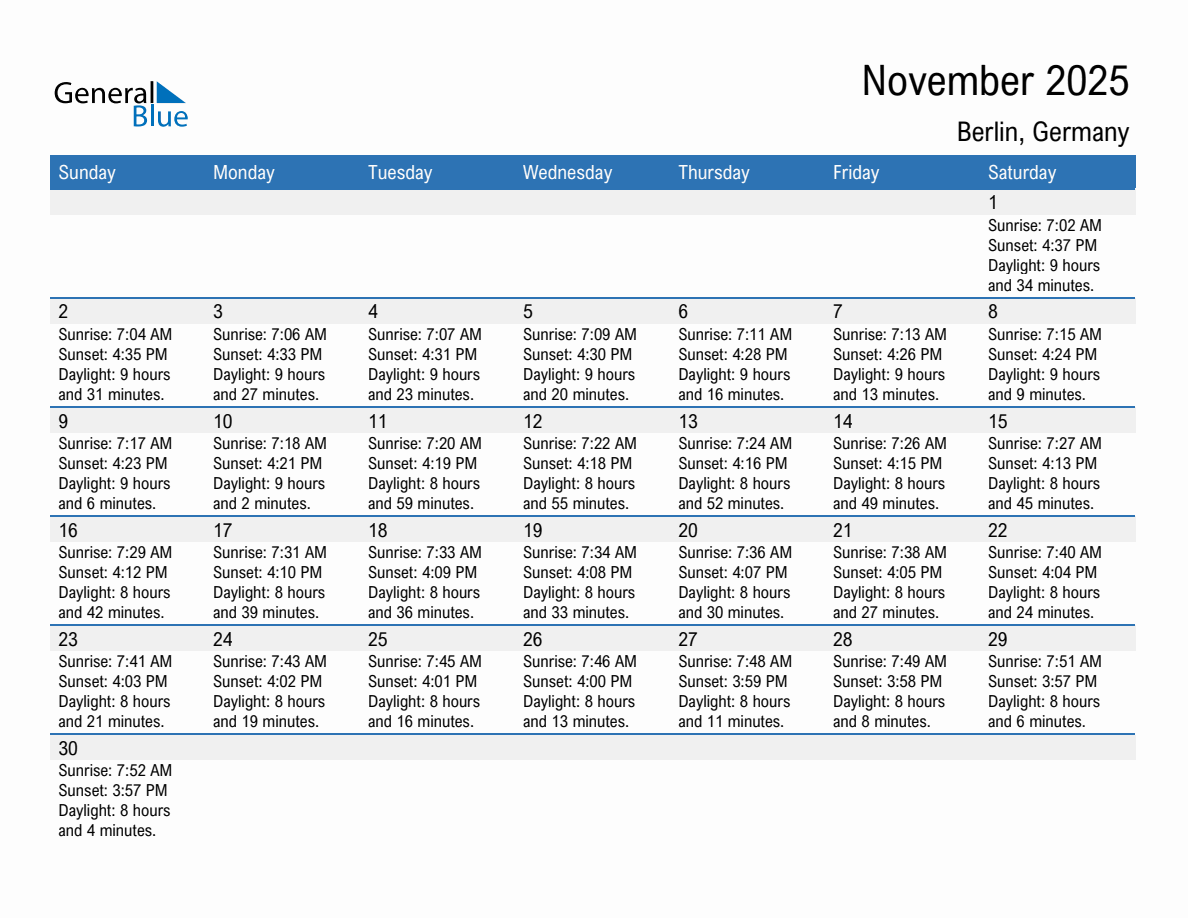 November 2025 sunrise and sunset calendar for Berlin
