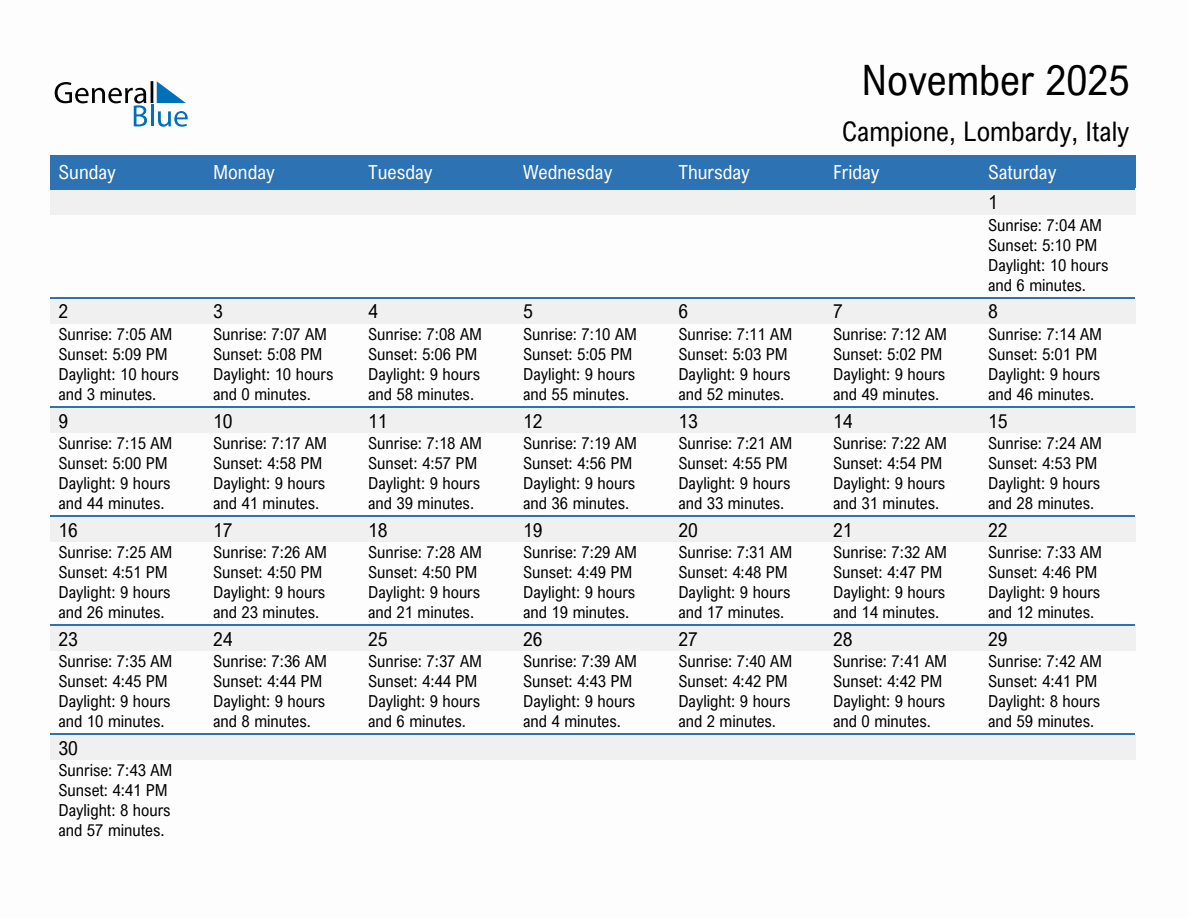 November 2025 sunrise and sunset calendar for Campione
