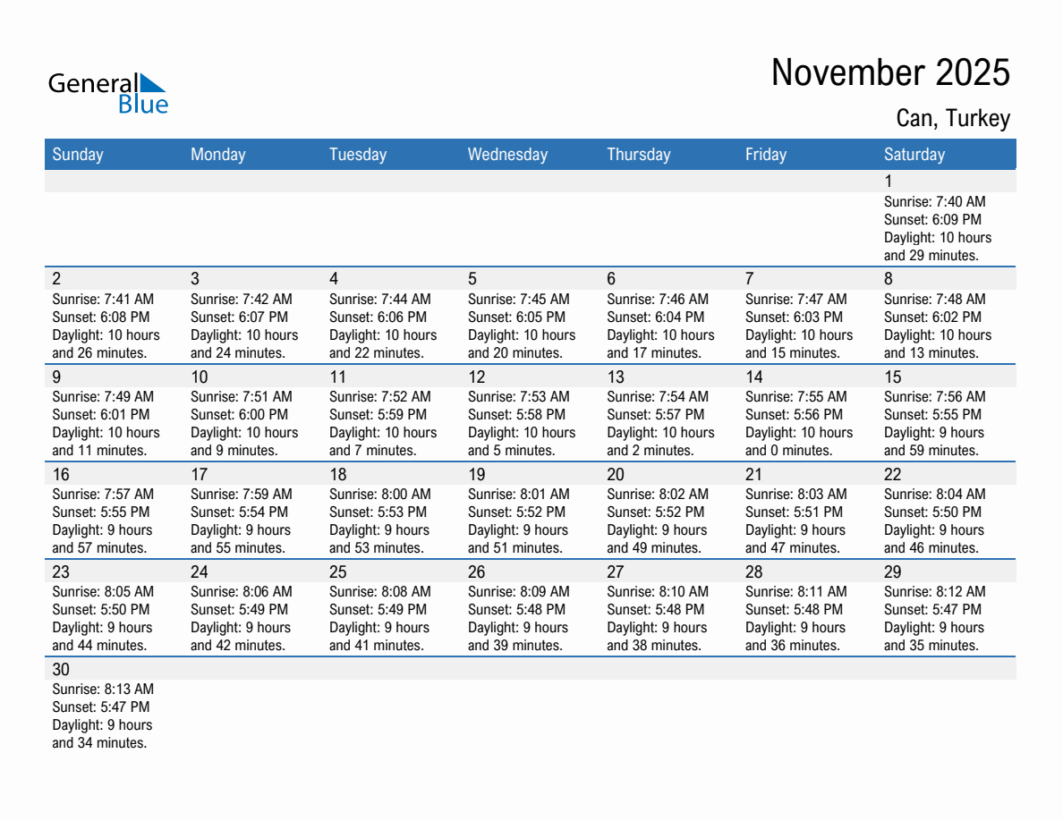 November 2025 sunrise and sunset calendar for Can