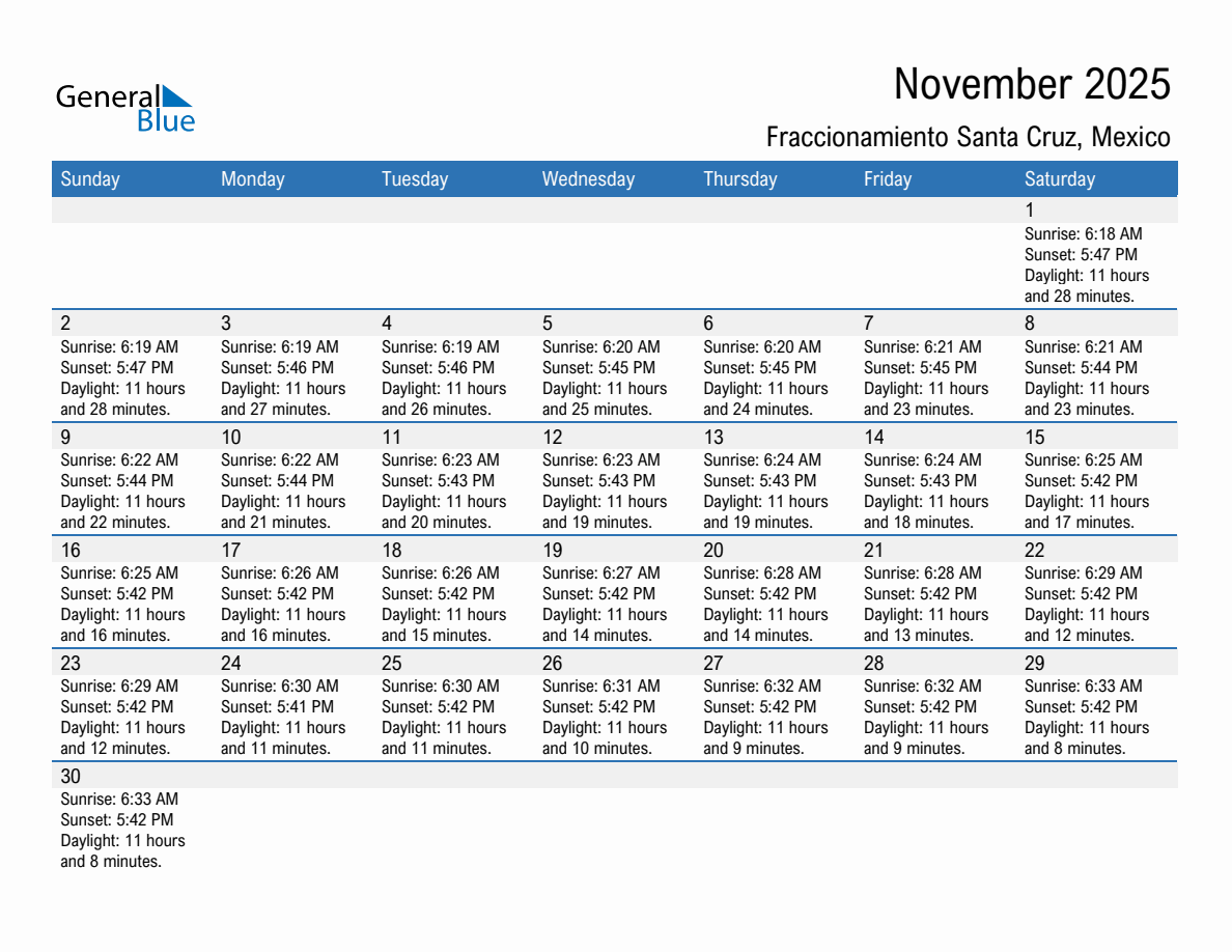 November 2025 sunrise and sunset calendar for Fraccionamiento Santa Cruz