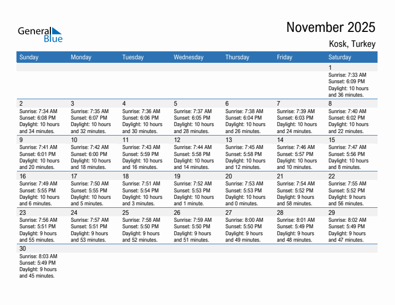 Kosk November 2025 sunrise and sunset calendar in PDF, Excel, and Word