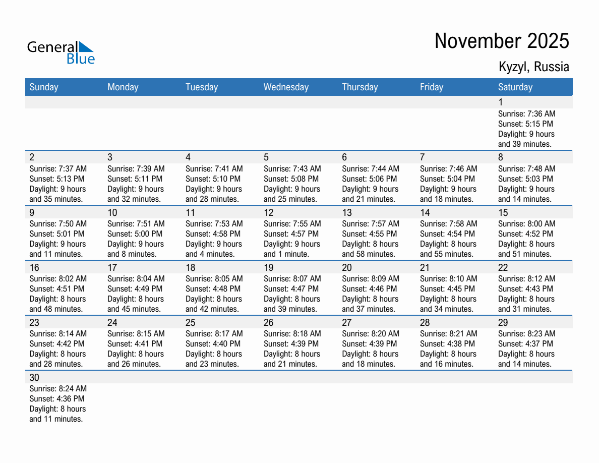 November 2025 sunrise and sunset calendar for Kyzyl