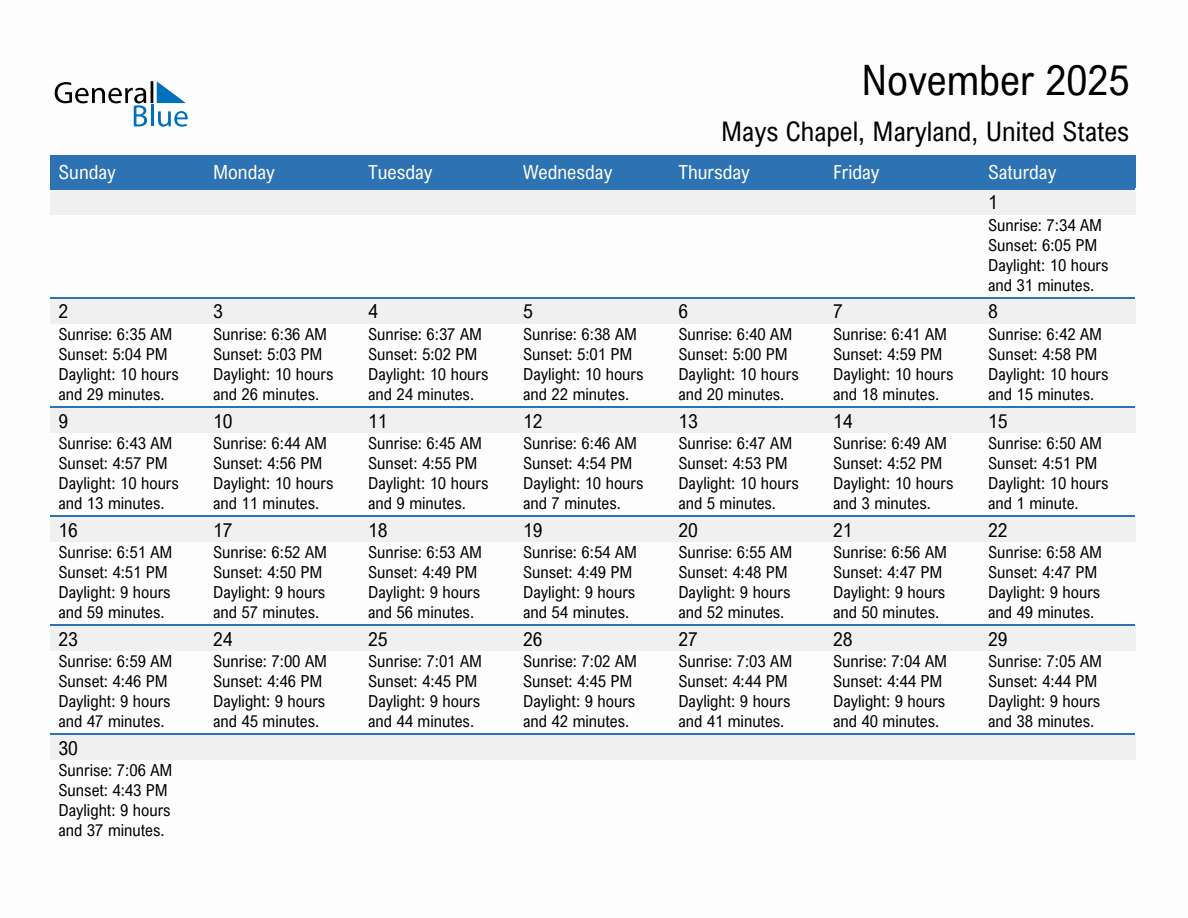 November 2025 sunrise and sunset calendar for Mays Chapel