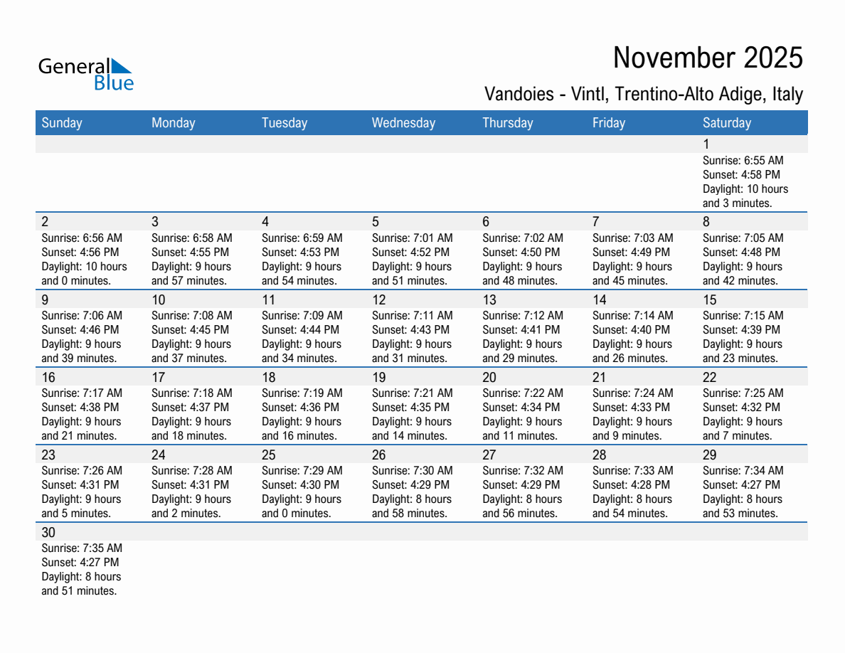 November 2025 sunrise and sunset calendar for Vandoies - Vintl