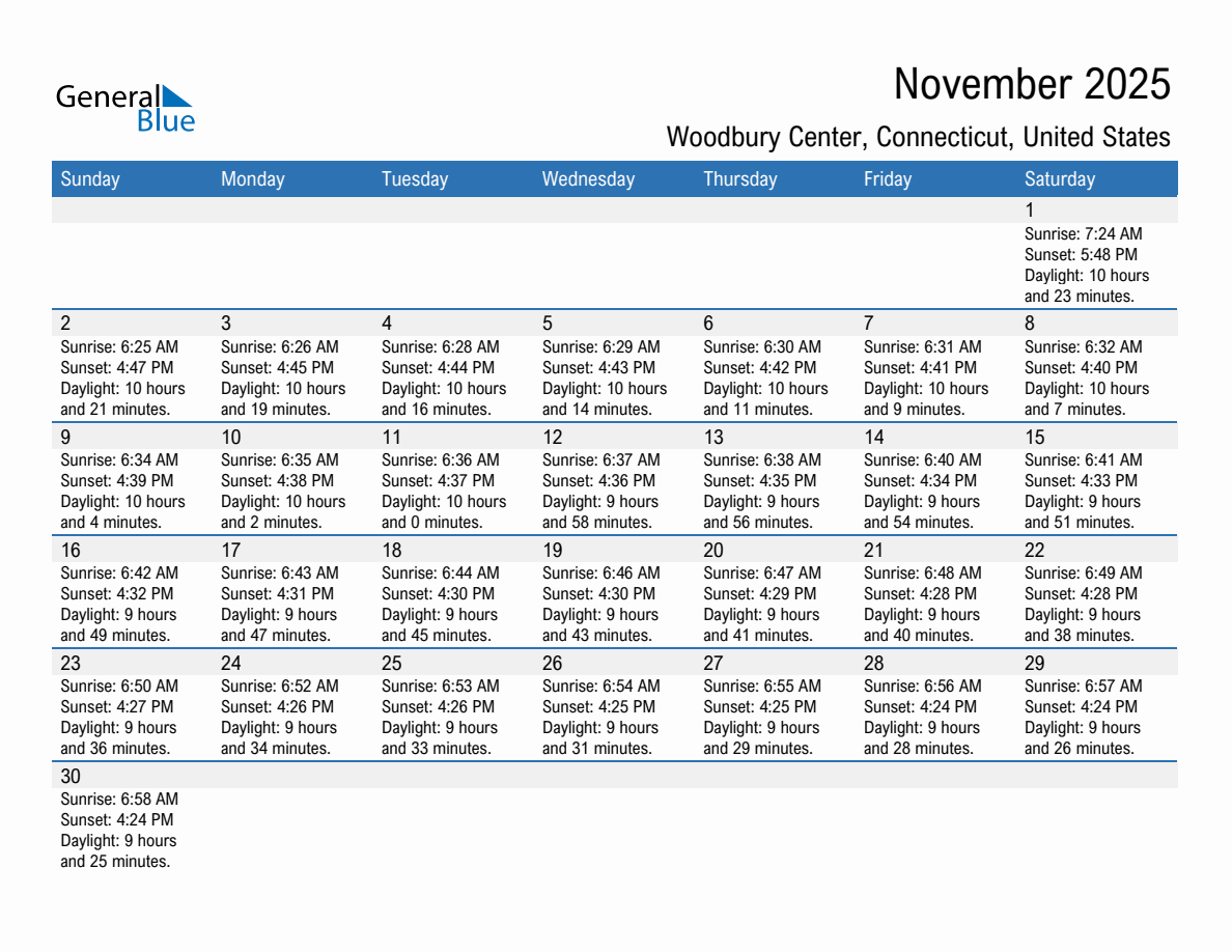November 2025 sunrise and sunset calendar for Woodbury Center