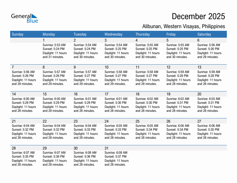 Alibunan December 2025 sunrise and sunset calendar in PDF, Excel, and Word