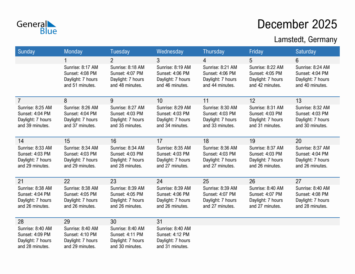 December 2025 sunrise and sunset calendar for Lamstedt