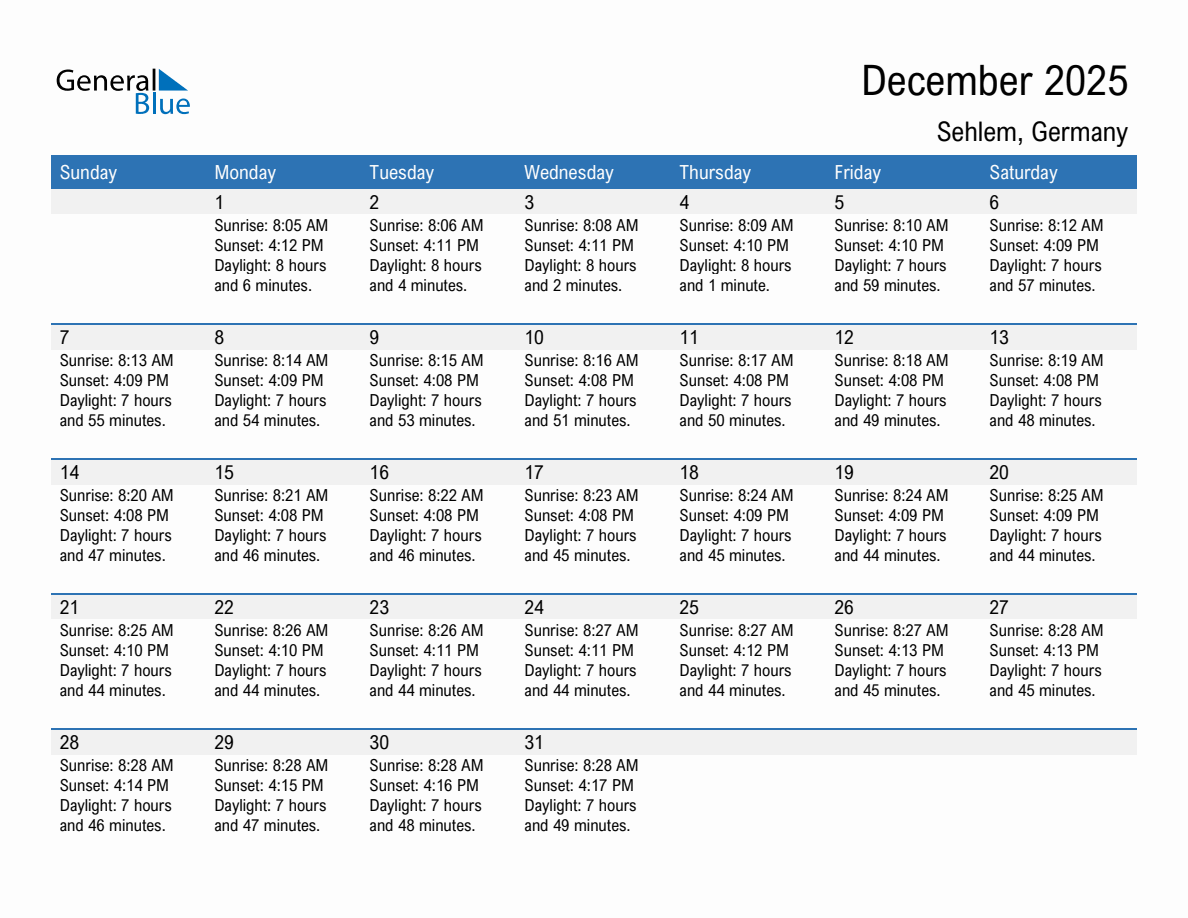 December 2025 sunrise and sunset calendar for Sehlem