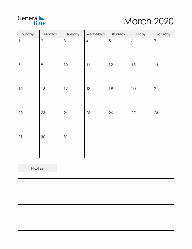 Printable Calendar with Notes - March 2020