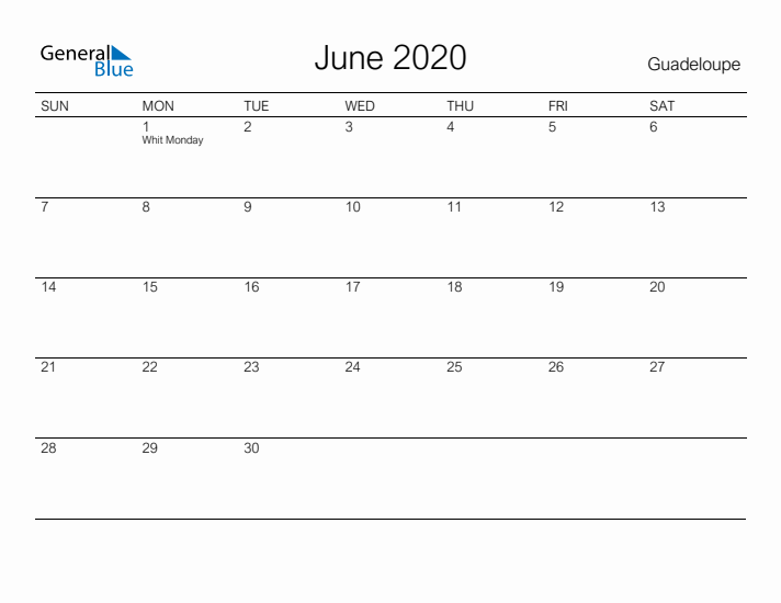 Printable June 2020 Calendar for Guadeloupe