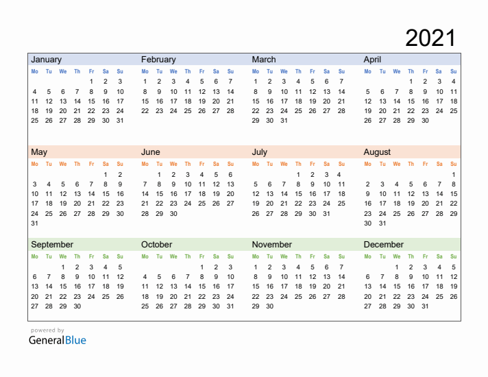 Free Downloadable 2021 Yearly Calendar Template