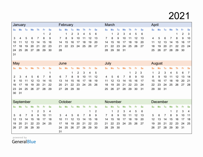 Free Downloadable 2021 Yearly Calendar Template