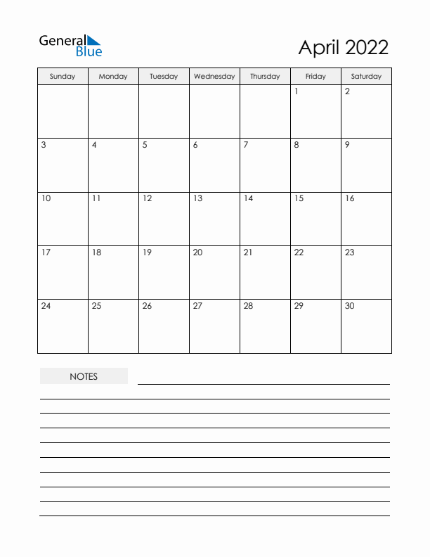 Printable Calendar with Notes - April 2022