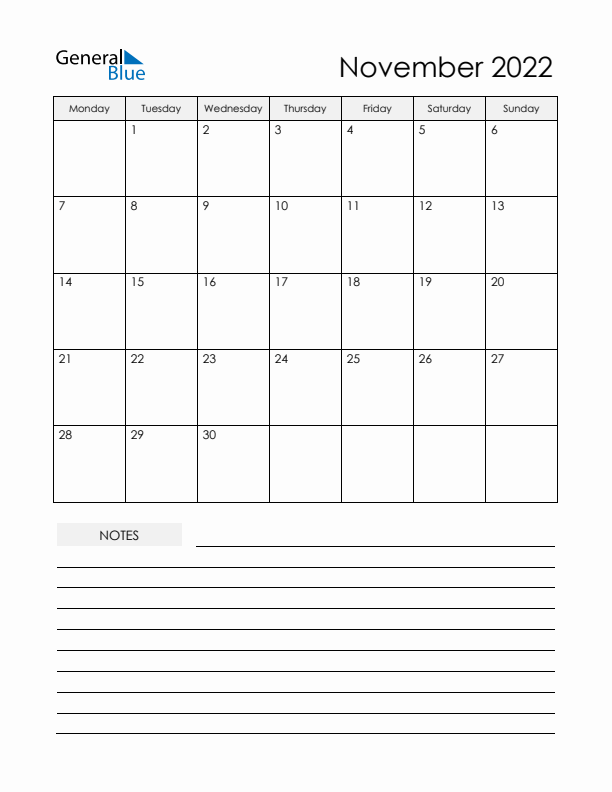 Printable Calendar with Notes - November 2022