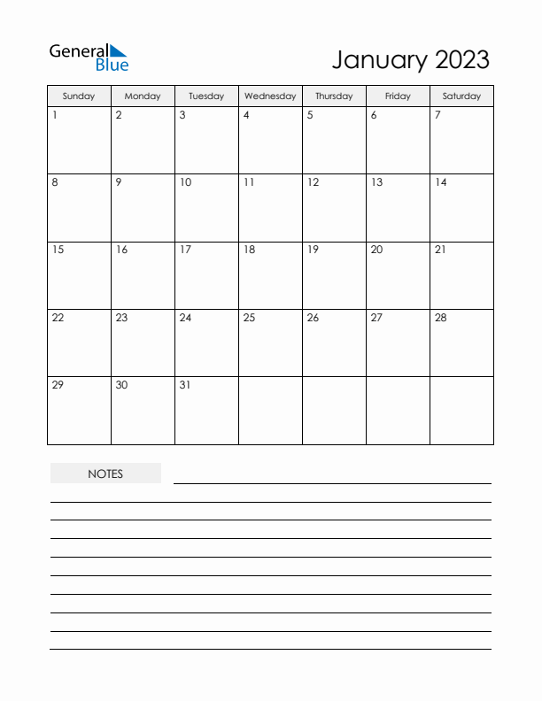 Printable Calendar with Notes - January 2023