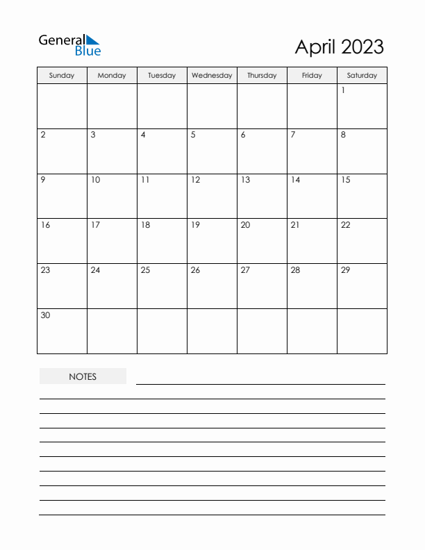 Printable Calendar with Notes - April 2023
