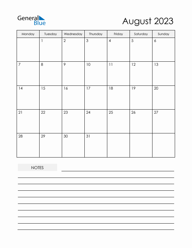 Printable Calendar with Notes - August 2023