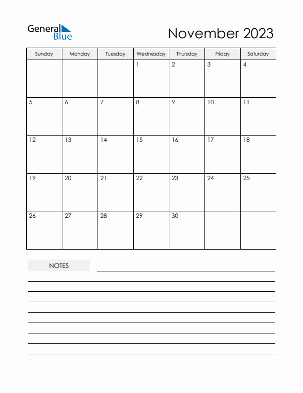 Printable Calendar with Notes - November 2023