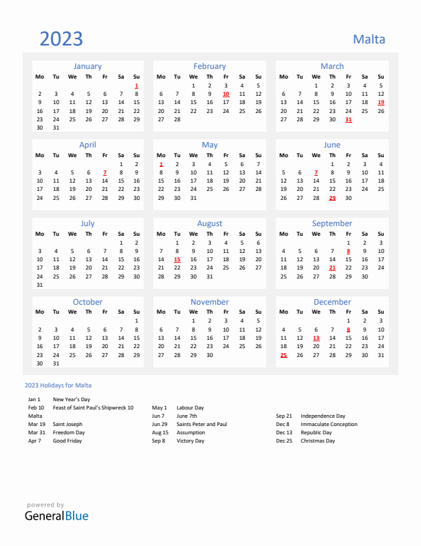 Basic Yearly Calendar with Holidays in Malta for 2023
