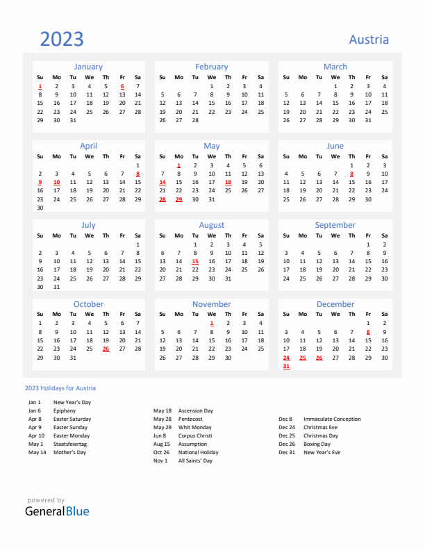 Basic Yearly Calendar with Holidays in Austria for 2023