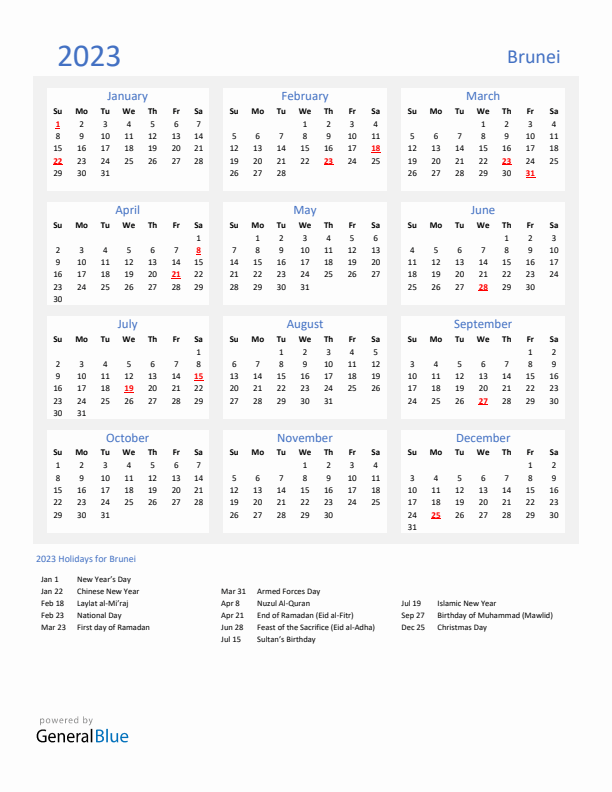 Basic Yearly Calendar with Holidays in Brunei for 2023