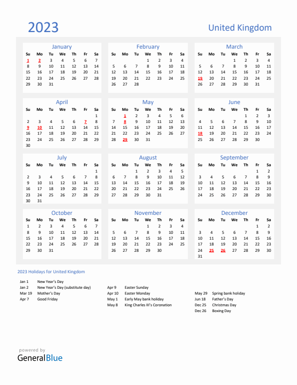 Basic Yearly Calendar with Holidays in United Kingdom for 2023