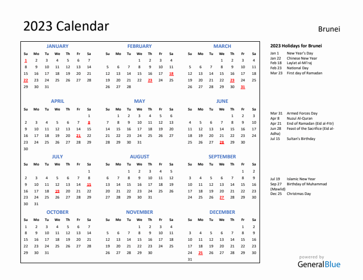 2023 Calendar with Holidays for Brunei