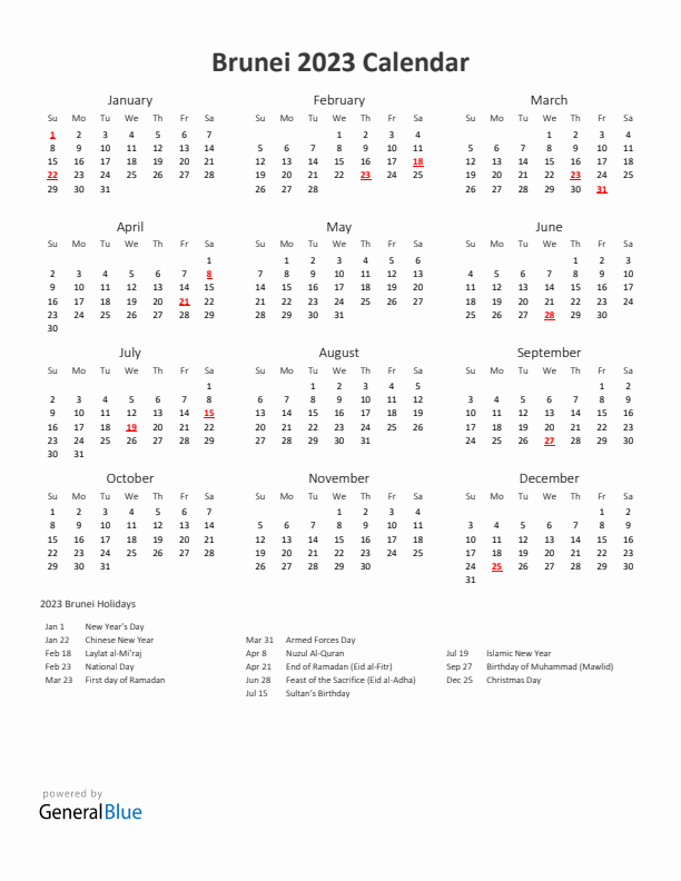 2023 Yearly Calendar Printable With Brunei Holidays