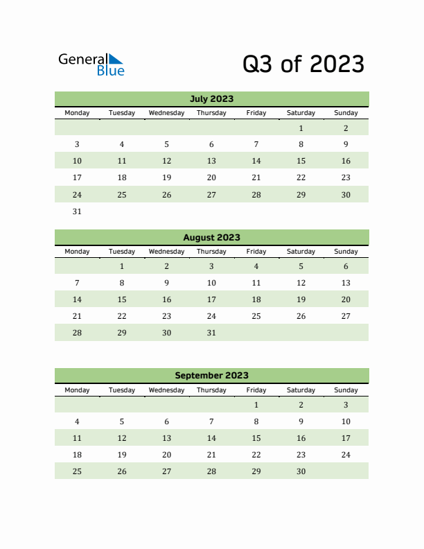 Printable Quarterly Calendar (Q3 2023)