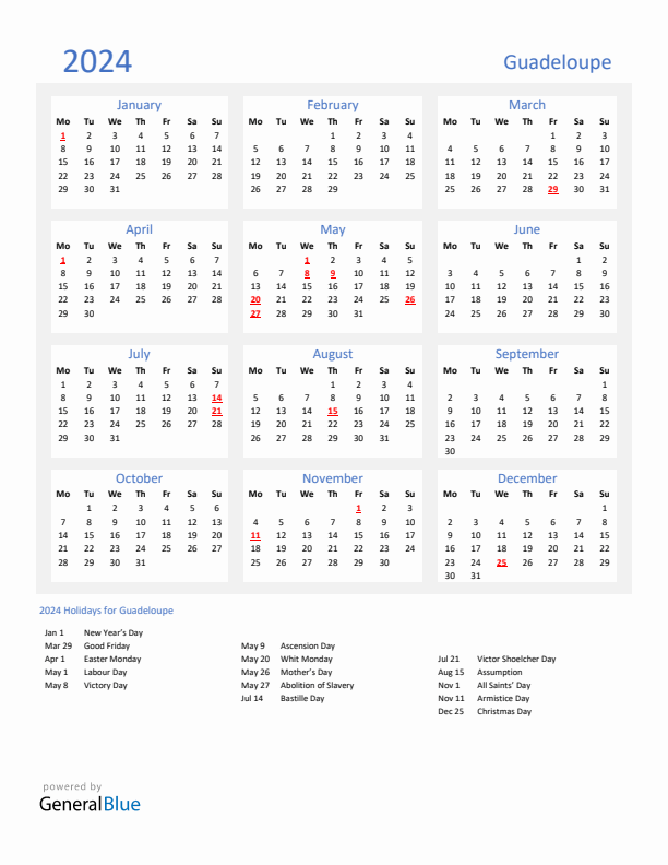 Basic Yearly Calendar with Holidays in Guadeloupe for 2024