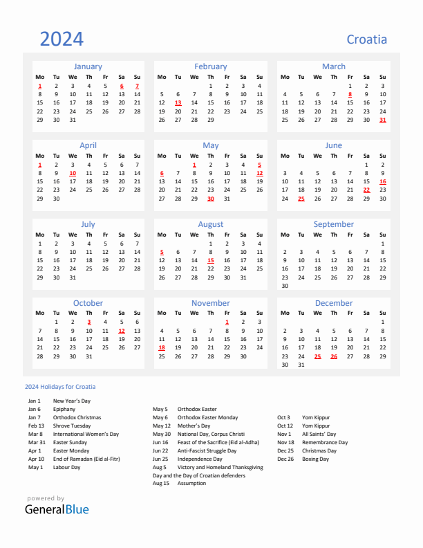 Basic Yearly Calendar with Holidays in Croatia for 2024