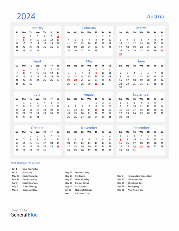 Basic Yearly Calendar with Holidays in Austria for 2024